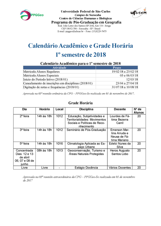 Calendário 2018/1