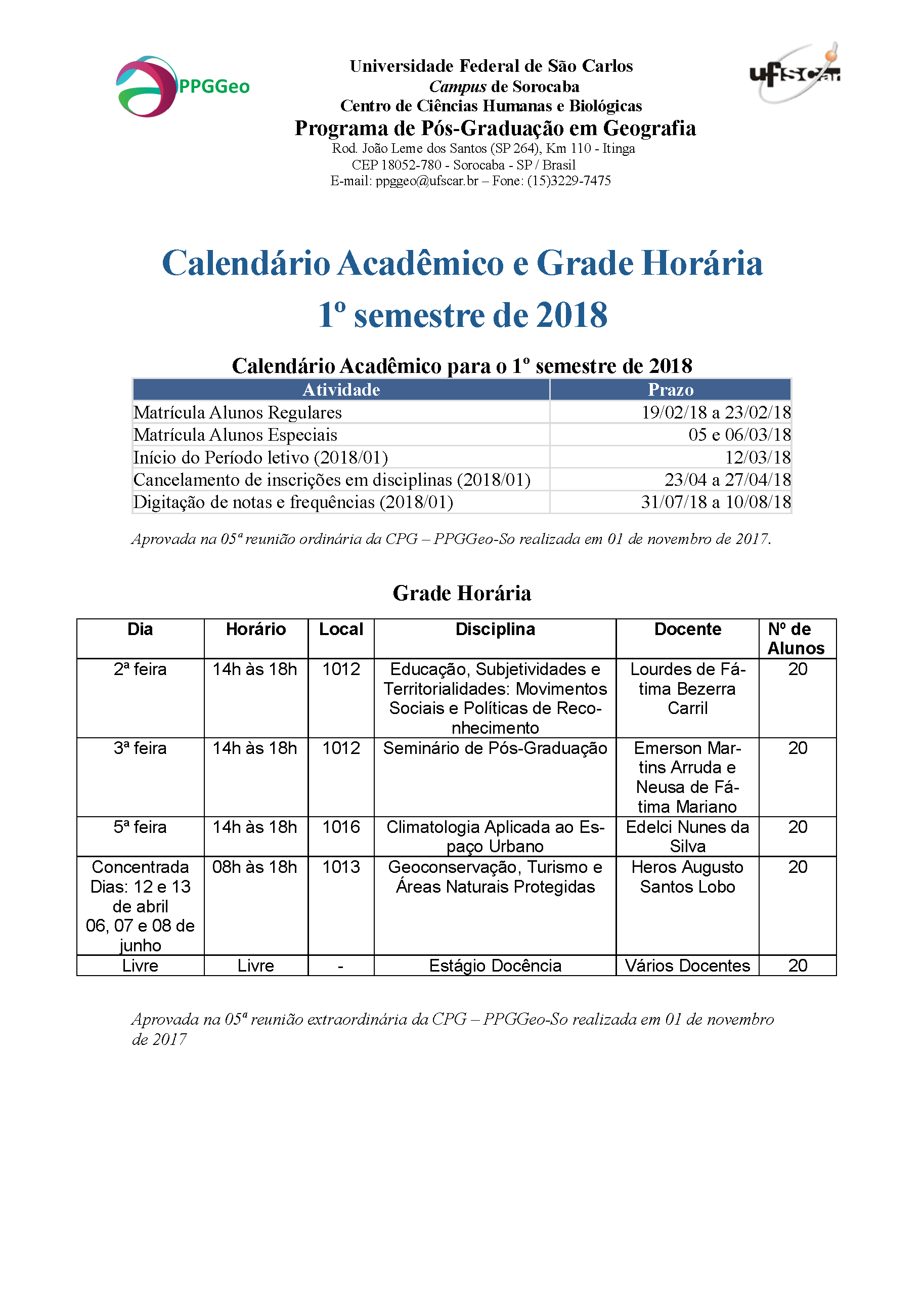 Calendário 2018/1