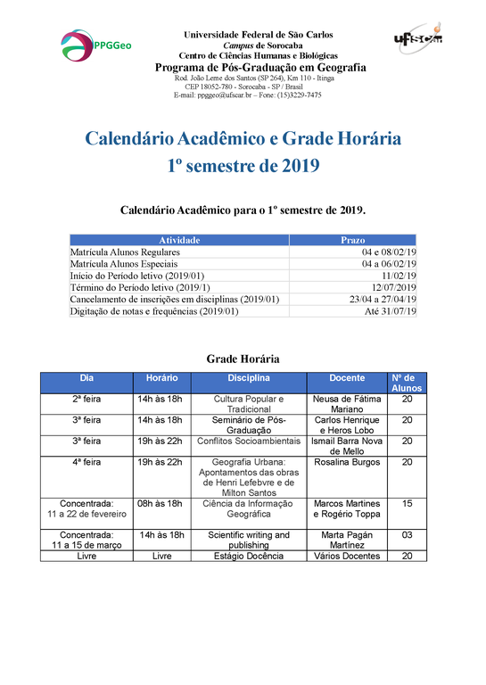 Calendário Acadêmico 2019/1