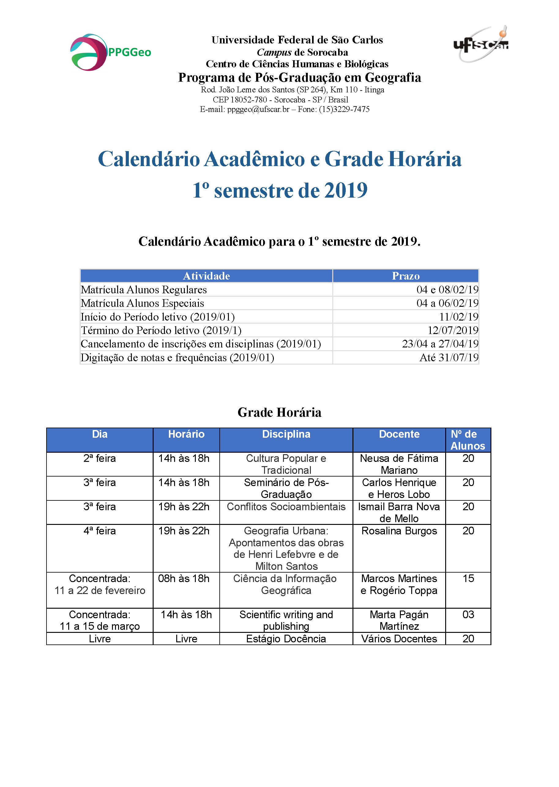 Calendário Acadêmico 2019/1