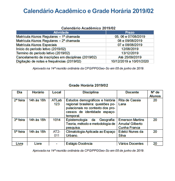 Calendário acadêmico e grade horária 2019/2