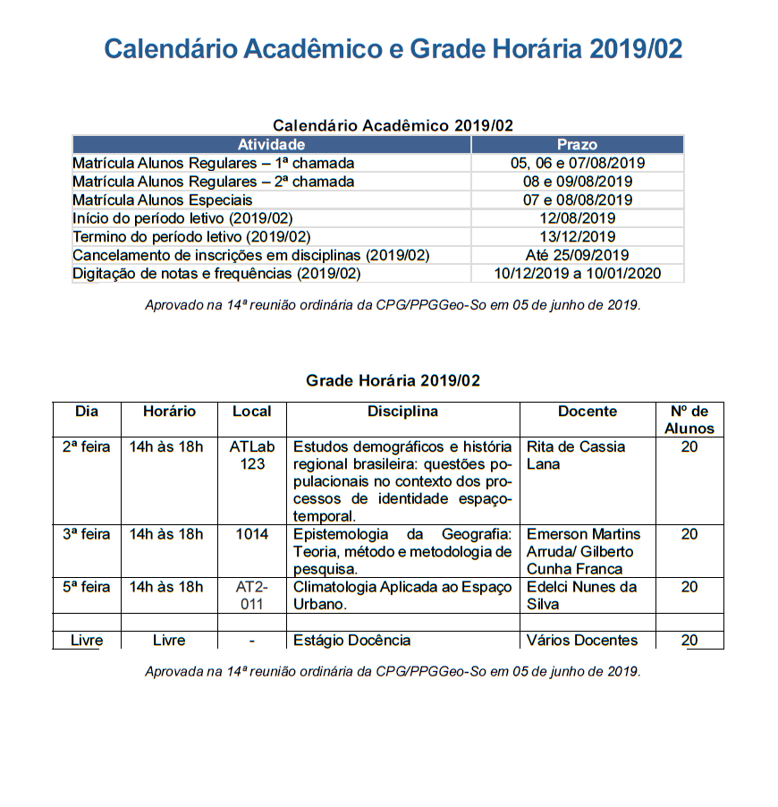 Calendário acadêmico e grade horária 2019/2