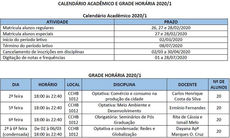 Calendário acadêmico e grade horária 2020/1