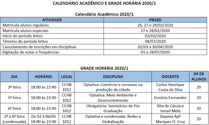 Calendário acadêmico e grade horária 2020/1