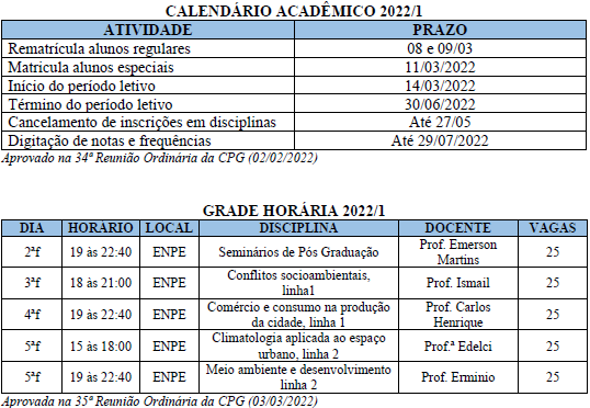 Calendario academico e grade horaria 2022-1