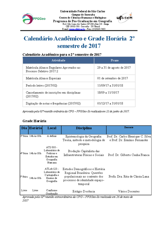 Calendário e Grade 2017.2