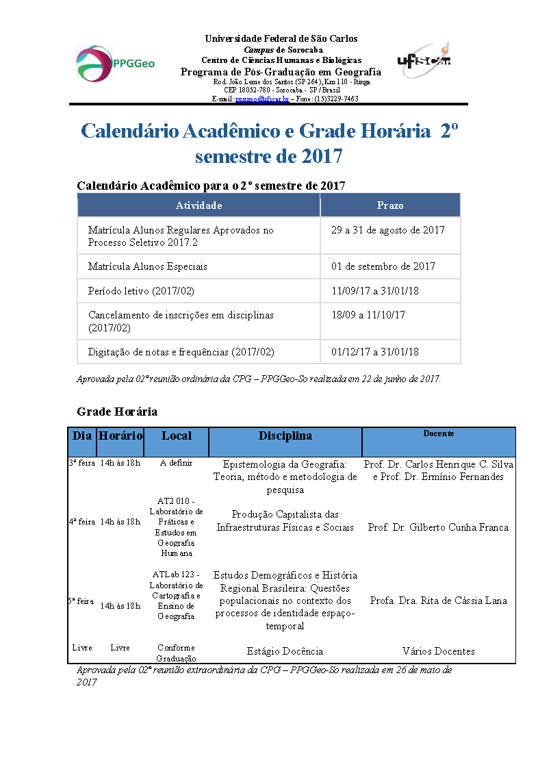 Calendário e Grade 2017.2